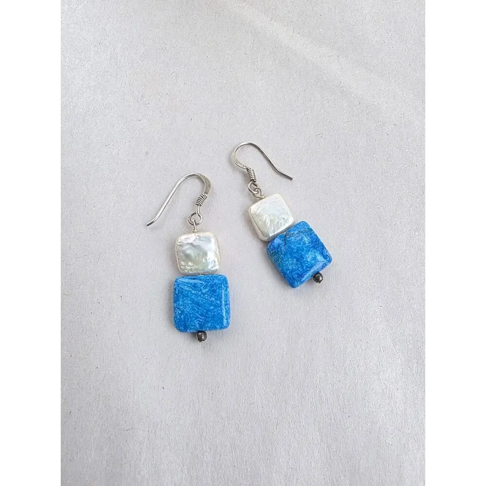 New Sterling Silver Dangle Earrings White Pearl Silver Blue Stone Stamped 925‎